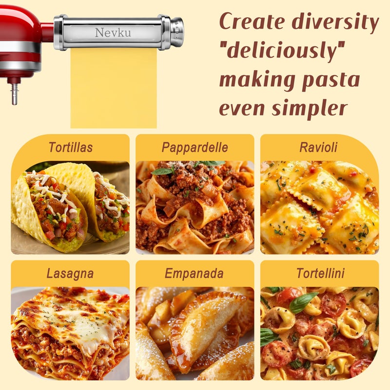 NEVKU Pasta Roller Attachment for KitchenAid Stand Mixer, Stainless steel Pasta Roller Attachment with 8 Adjustable thickness knob, Stainless Steel Pasta Maker accessory Machine - Image 4